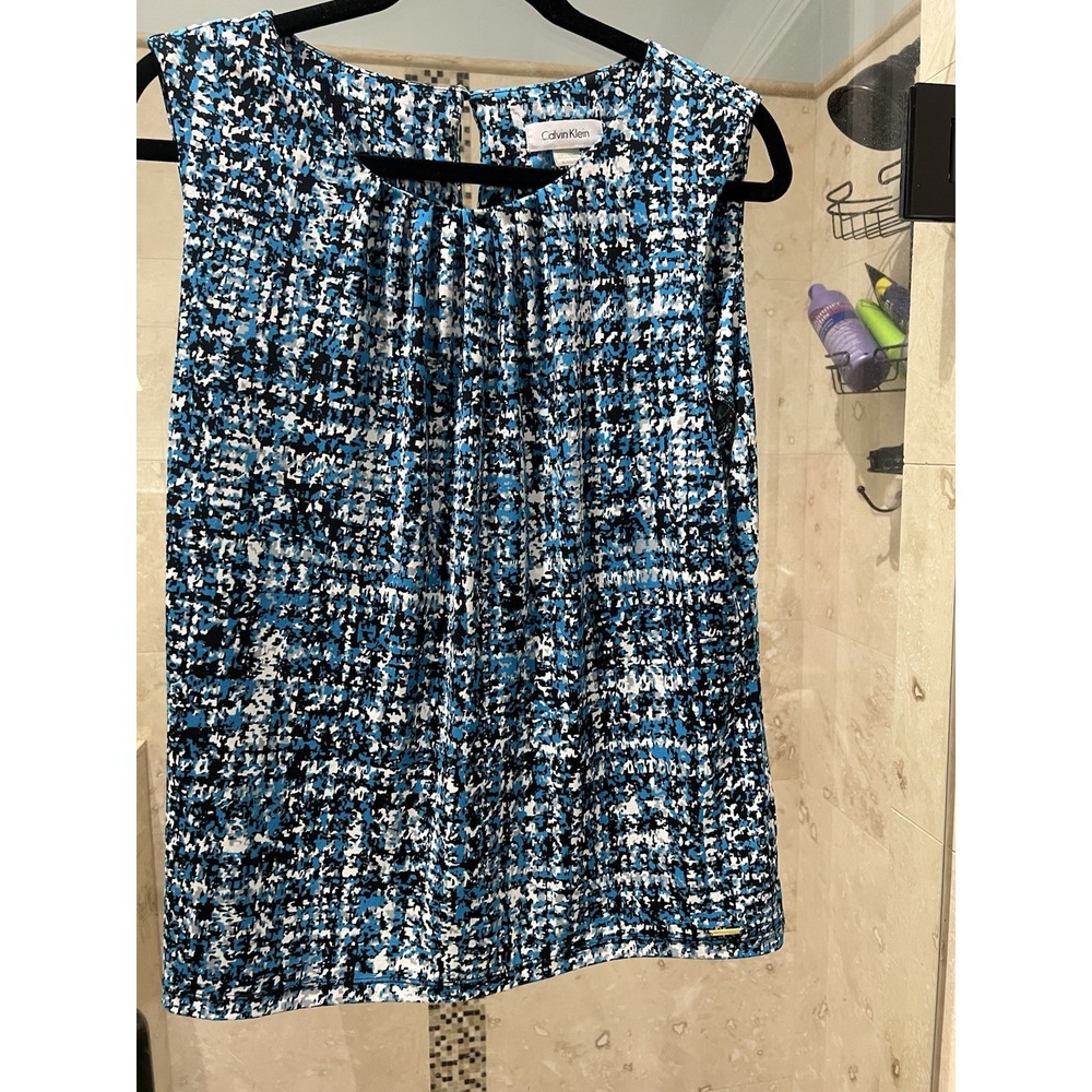 Calvin Klein Womens XL Sleeveless Blouse Teal Blue Houndstooth Jersey Top